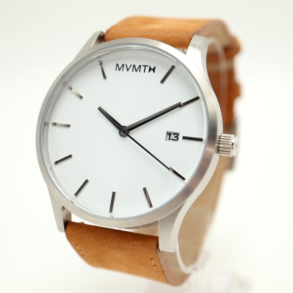 MVMT Mens 45mm Classic White Date Dress Watch Tan Leather Strap w New Battery